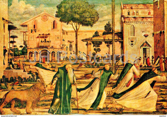 painting by Vittore Carpaccio - S Gerolamo conduce  nel monastero il leone ammansito - italian art - 57 - Italy - used - JH Postcards