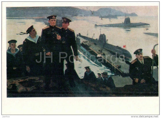 painting by V. Pechatin - In the Distant Harbor - Navy officers - battleship - submarine - Navy - russian art - unused - JH Postcards