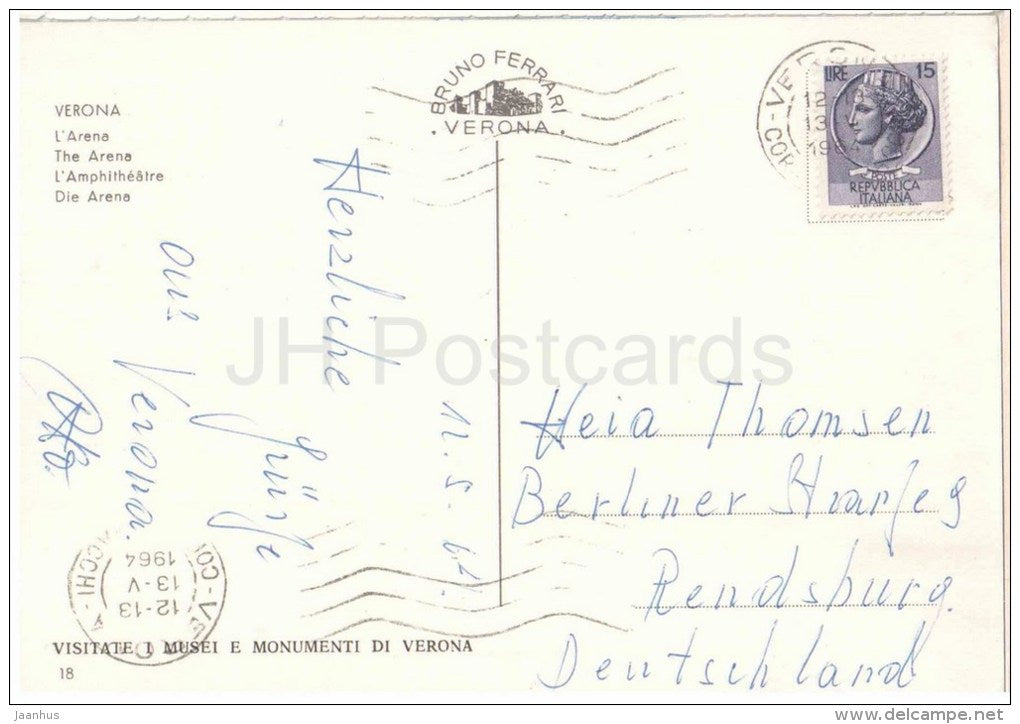 L´Arena - The Arena - Amphitheatre - Verona - Veneto - 18 - Italia - Italy - sent from Italy Verona to Germany 196 - JH Postcards