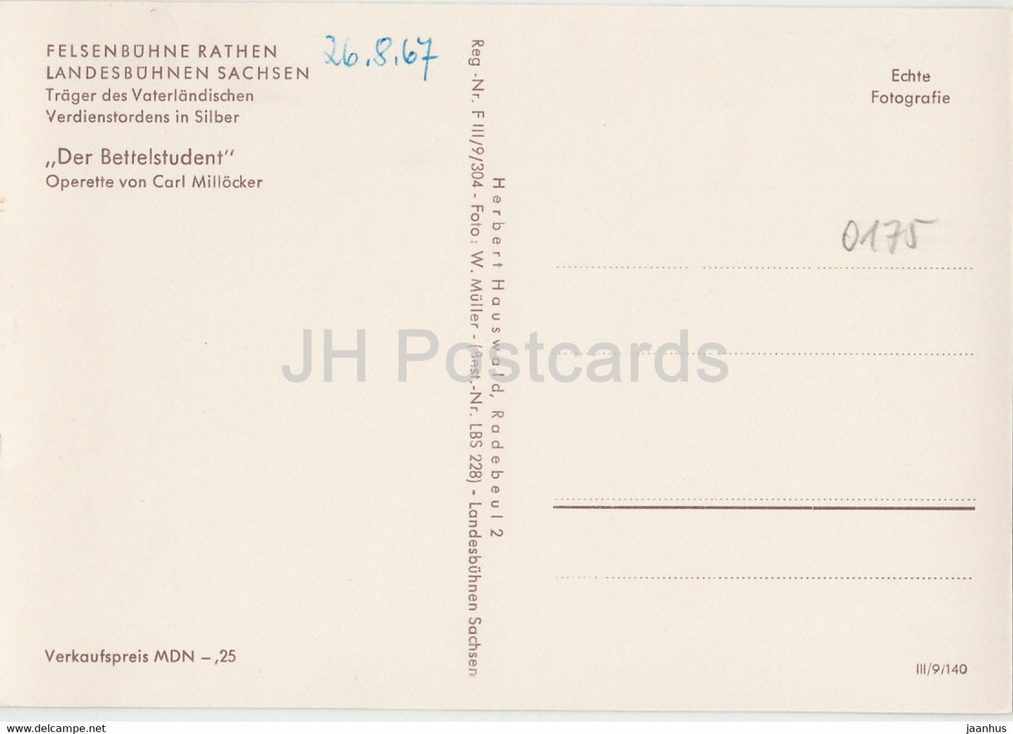 Felsenbuhne Rathen - Landesbuhnen Sachsen - Der Bettelstudent - opérette - théâtre - 1 - Allemagne DDR - inutilisé