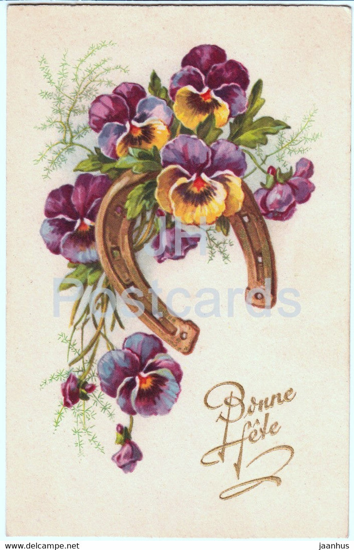 Birthday Greeting Card - Bonne Fete - flowers - pansy - horseshoe - illustration - old postcard - France - used - JH Postcards
