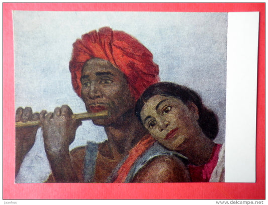 painting by Semen Chuikov - Song of Coolie - woman and man - flute - russian art - unused - JH Postcards