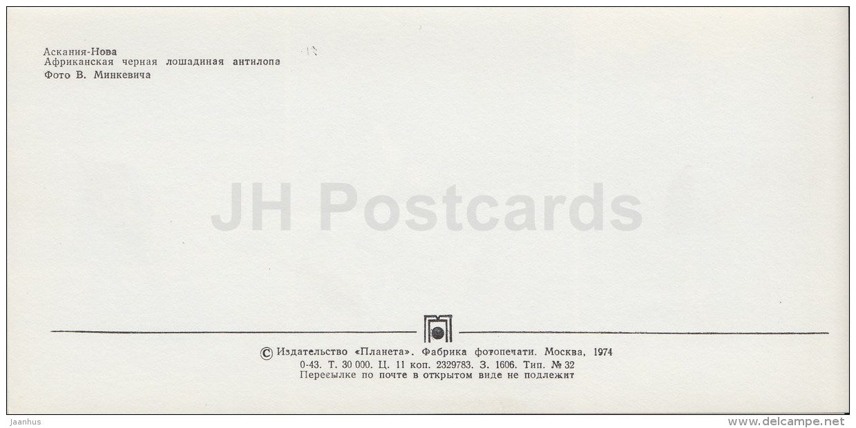 Sable antelope - Askania-Nova Reserve - 1974 - Ukraine USSR - unused - JH Postcards