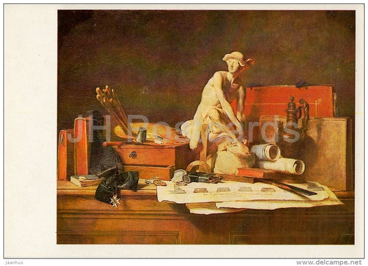 painting by Jean-Baptiste-Simeon Chardin - Still Life . Attributes of art - French art - Russia USSR - 1984 - unused - JH Postcards