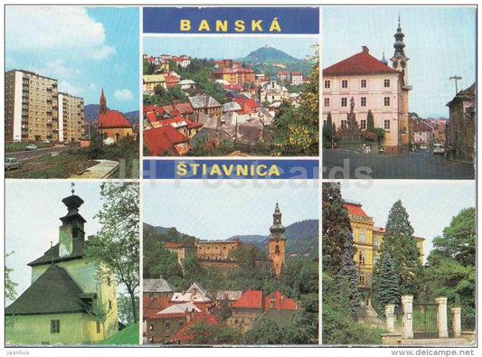new house - town hall - Klapacka - castle - school - Banska Stiavnica - Czechoslovakia - Slovakia - used 1973 - JH Postcards