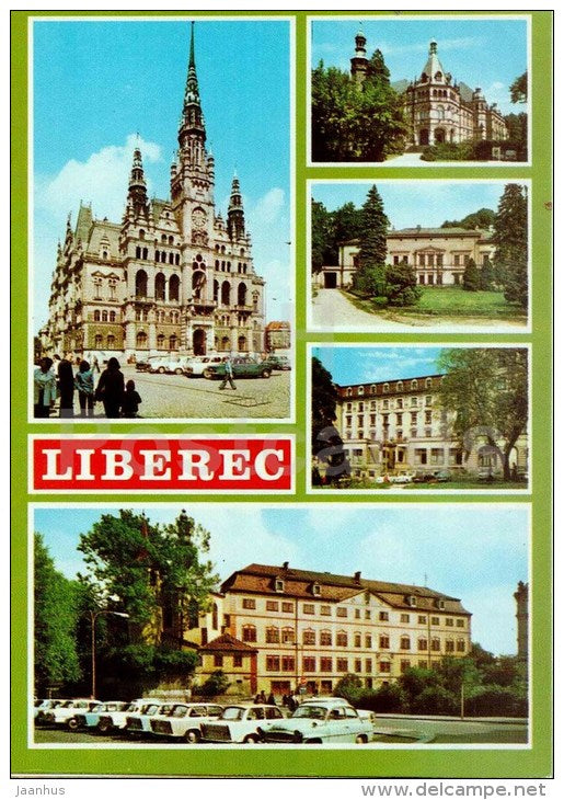 town hall - North Bohemian museum - gallery - Liberec - hotel Golden Lion - Czech - Czechoslovakia - unused - JH Postcards