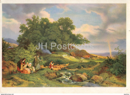 painting by Ludwig Richter - Bohmische Hirtenlandschaft - Bohemian Pastoral Region - German art - Germany DDR - unused - JH Postcards