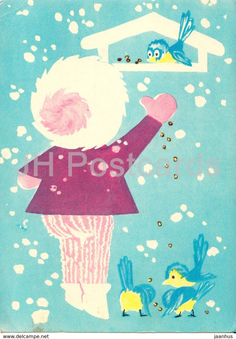 New Year Greeting Card by T. Tamman - girl - birds - 1966 - Estonia USSR - used - JH Postcards