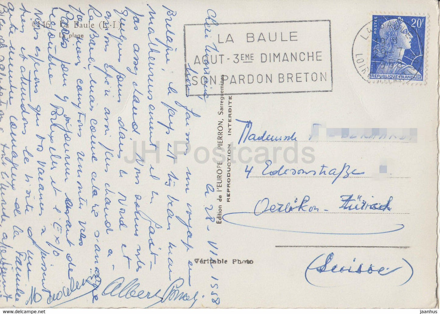 La Baule - La Plage - plage - voiture - carte postale ancienne - 1958 - France - occasion