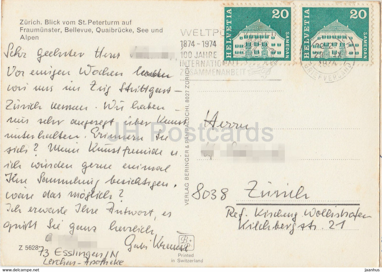 Zurich - Blick vom St Peterturm auf Fraumunster - Bellevue - Quaibrucke - See und Alpen - 1977 - Suisse - d'occasion